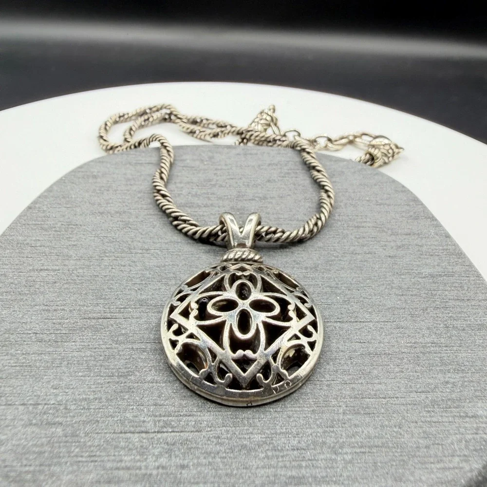 Silver Tone Openwork Floral Medallion Pendant Rope Chain Boho Statement Necklace